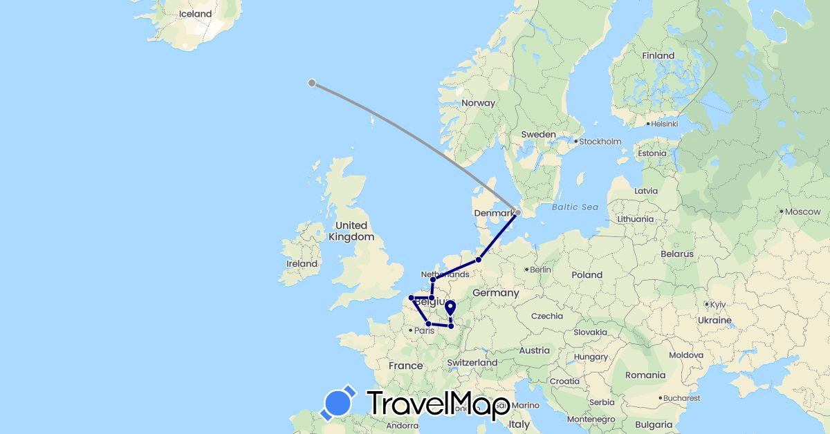 TravelMap itinerary: driving, plane in Belgium, Germany, Denmark, Faroe Islands, France, Luxembourg, Netherlands (Europe)